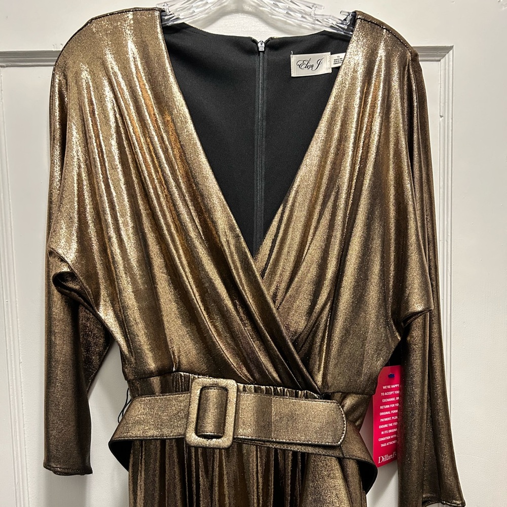 Eliza J Disco Queen Bronze Lame Midi Dress, Asymmetrical Ruffle Hem